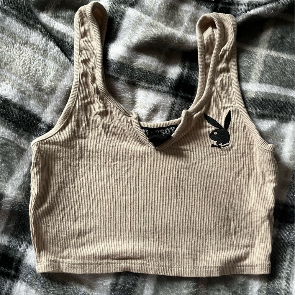 Playboy Beige Ribbed Tank Top with Black Logo